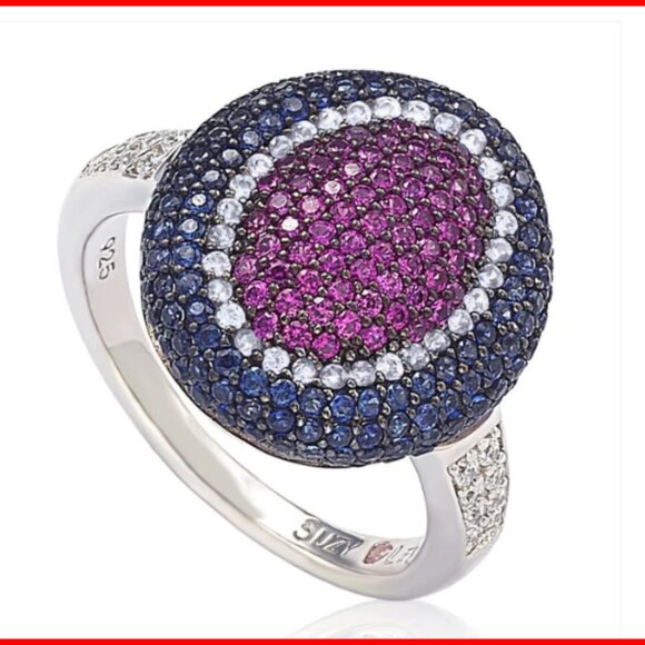 Suzy Levian Sterling Silver CZ American Inspired Multi Color Ring - Size 6 - Picture 1 of 10